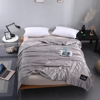 

Summer Washed Silk Quilt for Double King Bed Air Conditioning Quilted Bedspread Blanket Thin Comforter Duvet Grey White Coverlet