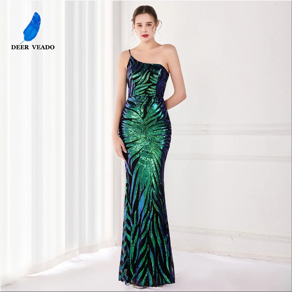 DEERVEADO K19112 Emerald Green Prom Dresses 2021 New One Shoulder Sequin Party For Women Gown Maxi Dress | Свадьбы и торжества