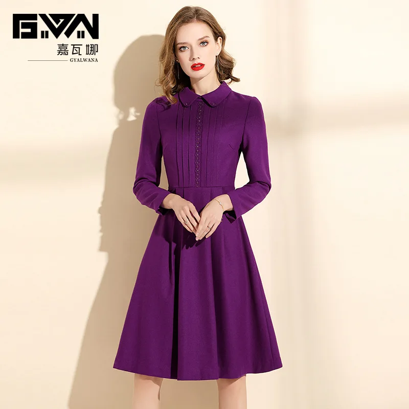 Офисное женское платье, новинка, осеннее платье с длинным рукавом, высокое качество, фиолетовое шифоновое элегантное платье средней длины