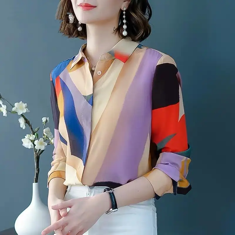 

Women Blouses 2020 Fashion Long Sleeve Leisure Blouse Shirt Printed POLO Collar Simulation Silk Loose Thin Top Silk Mulberry 125