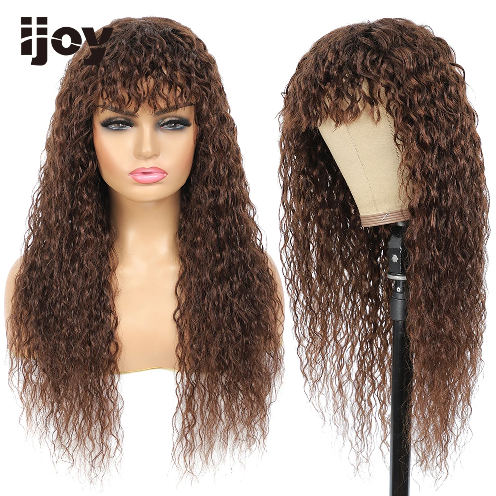 Human Hair Wig With Bangs Water Wave Colored Dark Brown Brazilian Full Machine Wigs For Black Women Non-Remy IJOY | Шиньоны и парики