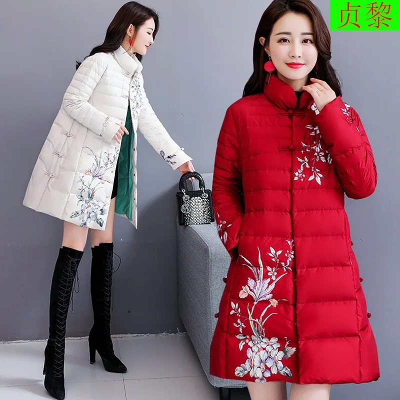 

Retro Chinese-style WOMEN'S Dress 2018 Winter New Style Printed Frog Mid-length Short Cotton-padded Clothes Cotton-padded Jacket