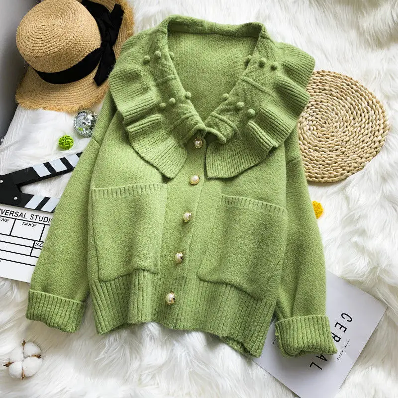 green cardigan Woherb свитер женский с оборками сплошной цвет длинный рукав кардиган женский Повседневный милый модный стиль пальто осенняя верхняя одежда 90715 - Цвет: green cardigan
