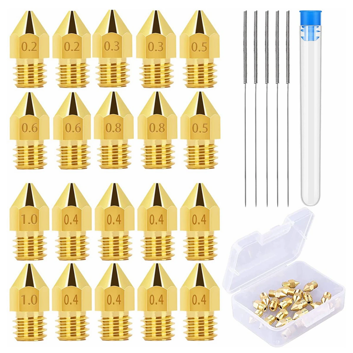 25Pcs 3D Printer Nozzle Kit MK8 Extruder Nozzles Brass Print Head 0.2mm, 0.3mm, 0.4mm, 0.5mm, 0.6mm, 0.8mm, 1.0mm with Storage