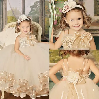 

2015 Cute vintage champagne pageant Flower Girl Dress floor- Length Handmade floral Girl vestidos Party gown Ball for Baby