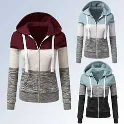 Moletom com capuz colorblock feminino casual cordão fino ajuste manga comprida pulôver hoodies plus size com capuz zíper jaqueta topos