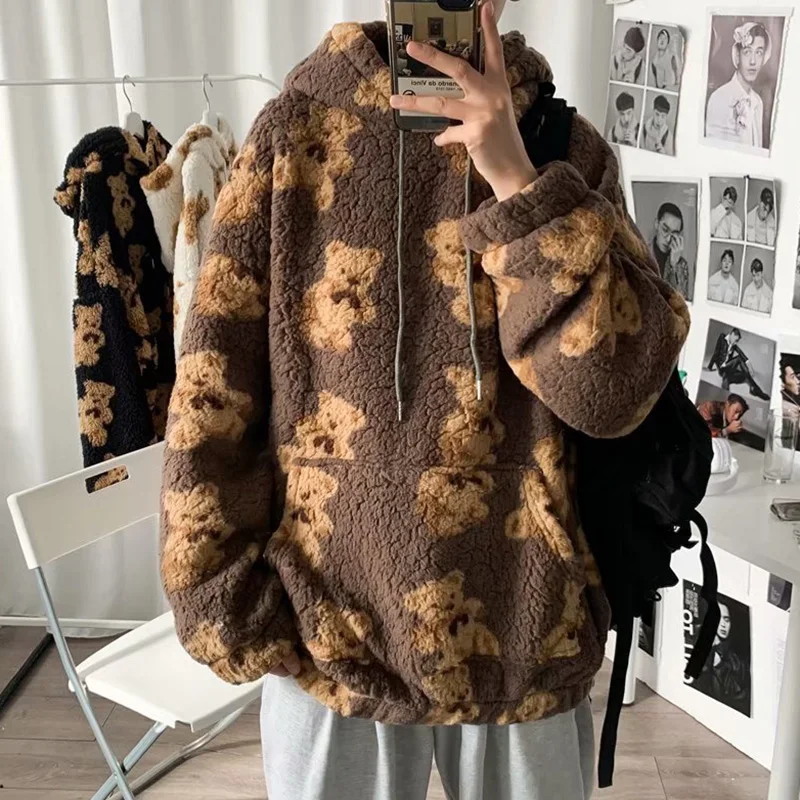 New Autumn Casual Women Felpa Kawaii Cartoon Print Felpa Con Cappuccio In Lana Di Agnello Femme Top Spessa Baggy Moletom Camicetta Abbigliamento Mujer