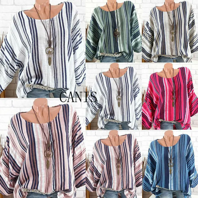 

2019 Autumn Womens Tops And Blouse Casual Long Sleeve O-Neck Striped Blouse Cotton Linen Baggy Loose Shirt Shirt Women Plus Size