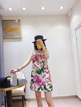 

High Quality Summer Dress 2020 Fashion Style Women Runway Floral Print Beading Sleeveless Mini Pink A-Line Dress
