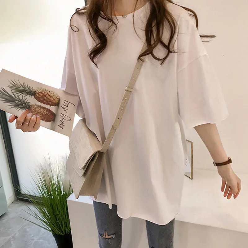 

Summer 2019 new candy color t shirt women students loose long section half sleeve shirt casual solid color simple T-shirt