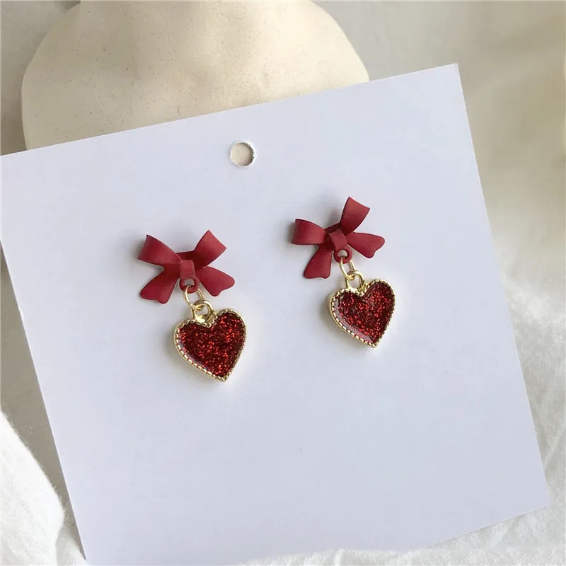Изысканные серьги-подвески в виде сердца, корейские модные красные серьги-бантики, серьги-капельки с кристаллом Bijoux boucle d'oreille Girl