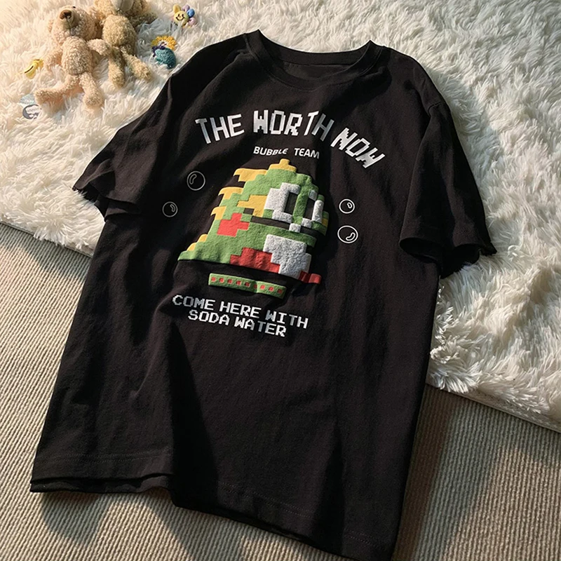 Cute Little Dinosaur Pattern Printed T-Shirt Summer Loose Large Size Multi-Color Cartoons Japanese Tops Y2k Casual Cotton Tees