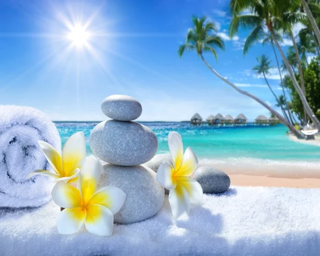 Canvas Painting Bath towels and stacked stones Sun & beach Art Poster Picture Wall Decor Modern Home Decoration For Living room Canvas Painting Bath towels and stacked stones Sun & beach Art Poster Picture Wall Decor Modern Home Decoration For Living room