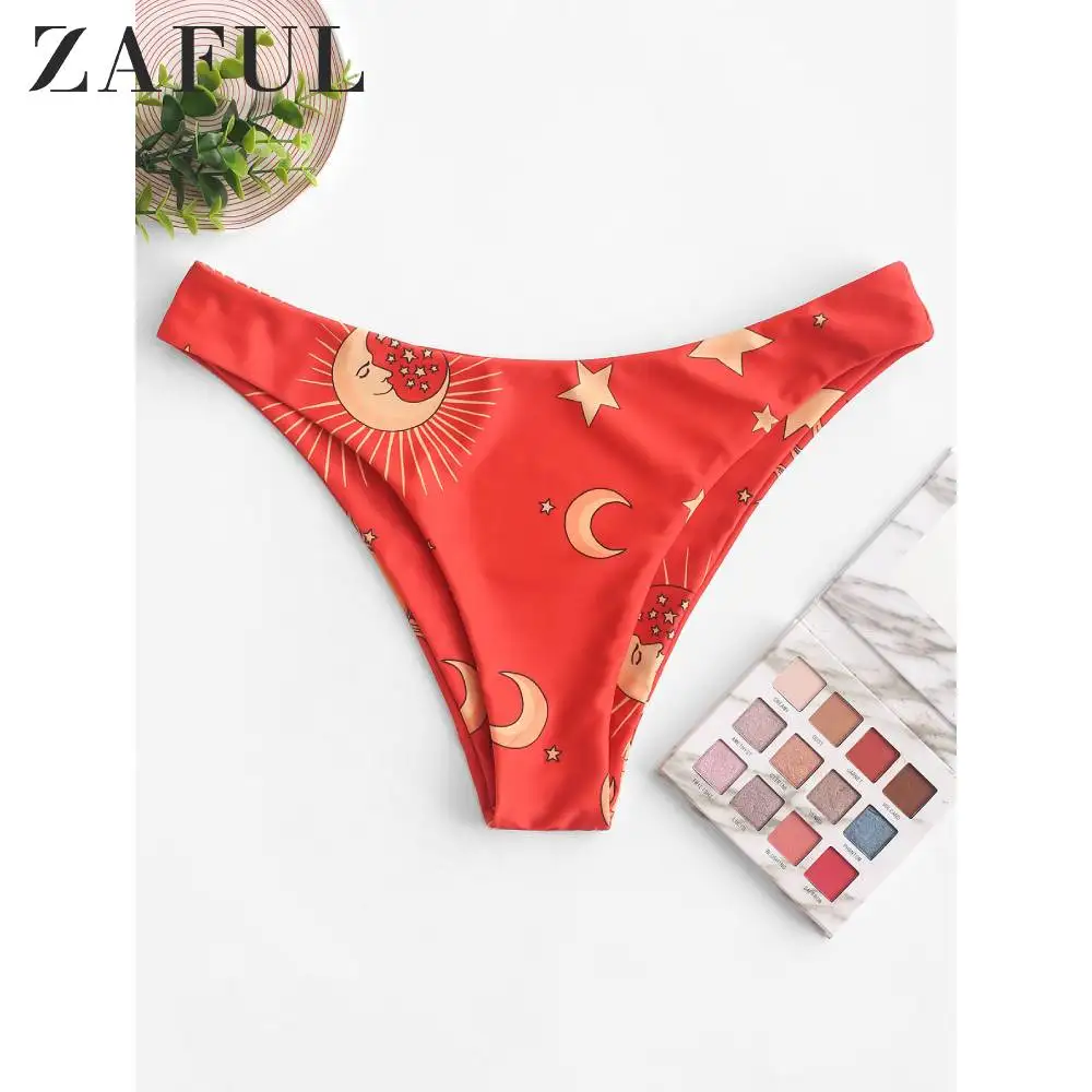 

ZAFUL Women Bikini Bottom Sun Moon Star Print High Cut Bikini Bottom Low Waisted Bikini Briefs Ladies Celestial Swim Panty 2020