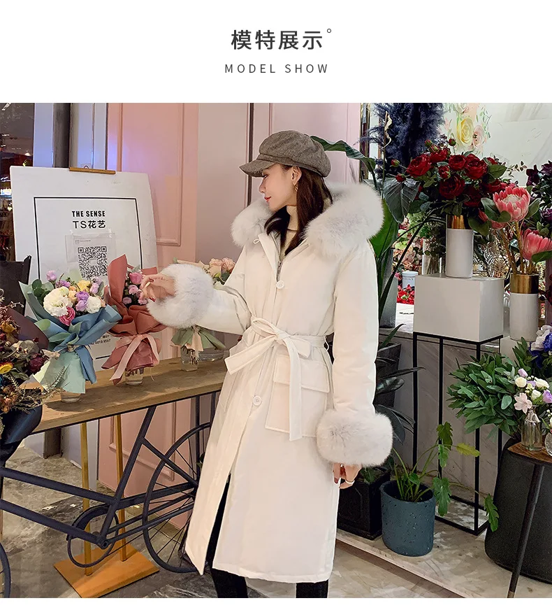 Стиль Южная Корея Dongdaemun пуховик женский ультра большой меховой воротник длинный выше колена ветровка пуховик