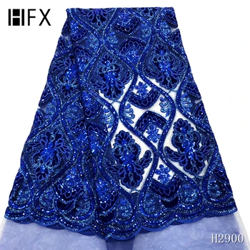 

HFX 2019 latest royal blue Sequins Velvet Lace Fabric High Quality African French Lace Fabric For Wedding dress 5yards H2900