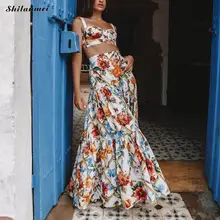 Summer Printed Floral Two Pieces Set Women Sleeveless Sling Crop Top And Large Hem Design Skirt Sets Fashion Bohemian 2 Pcs Sets