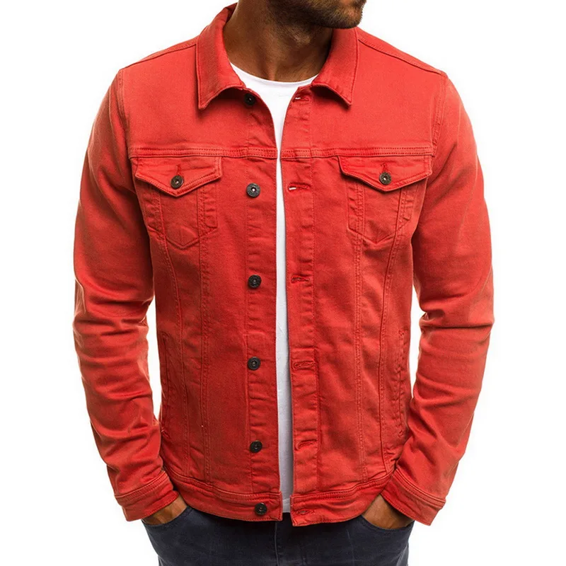 Мужская джинсовая куртка высокого качества, ковбойские мужские джинсовые куртки, одноцветные повседневные облегающие уличные мужские джинсовые куртки размера плюс 3XL - Цвет: orange