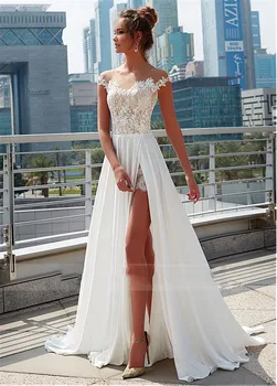 

Sexy Summer Beach Lace Wedding Dresses Split Side Chiffon Long Bridal Gowns 2020 Custom Made Formal Bride Wedding Gown Plus Size