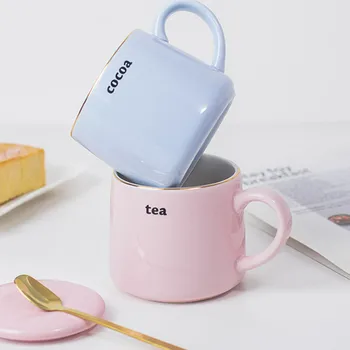 

310ml Ceramic Mug with Lid Spoon Juice Coffee Tea Water Cup Simple Couple Breakfast Milk Cups Office Desktop Drinkware