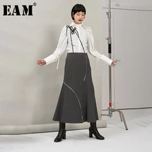 [EAM] серая юбка с высокой талией, с разрезом, с завязками, для темпераментных девушек, юбка на половину тела, женская модная одежда, новинка, весна-осень, 1N373