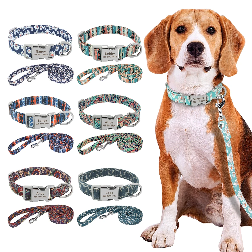 Nylon Printed Dog Collar Leash Set Personalized ID Tag Nameplate For Small Medium Dogs dog collar