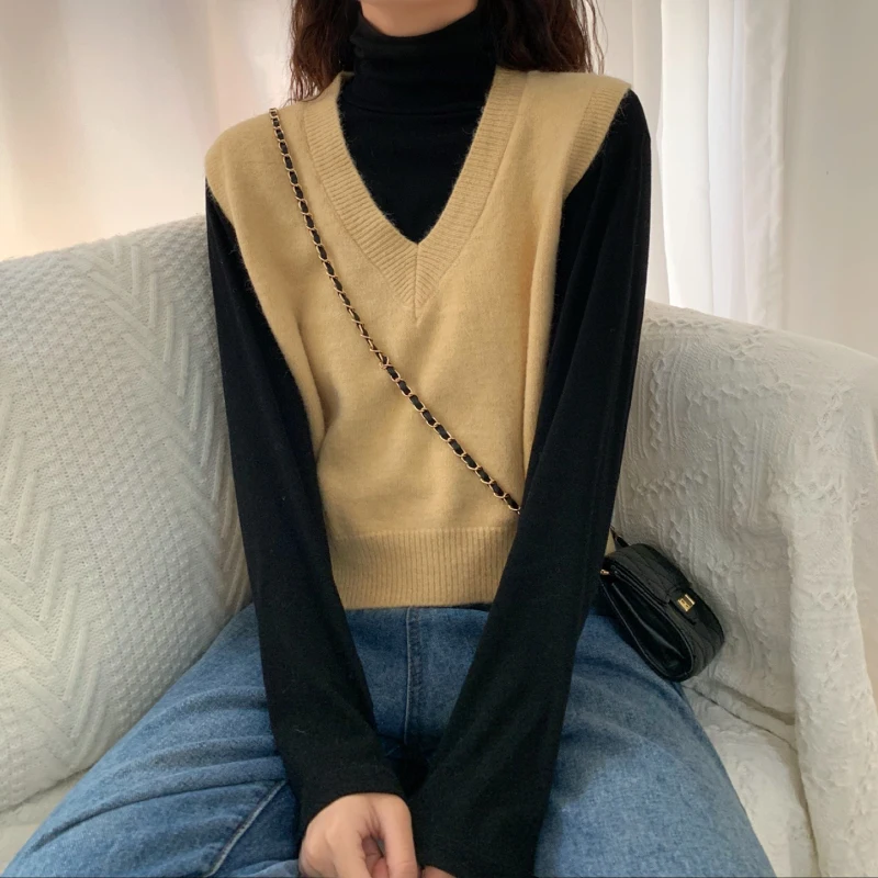 Korean Style Soild Color Women Sweater Vest Short Paragraph Loose Sweater Women's Autumn Wear New Wild Female Sweater Vest
