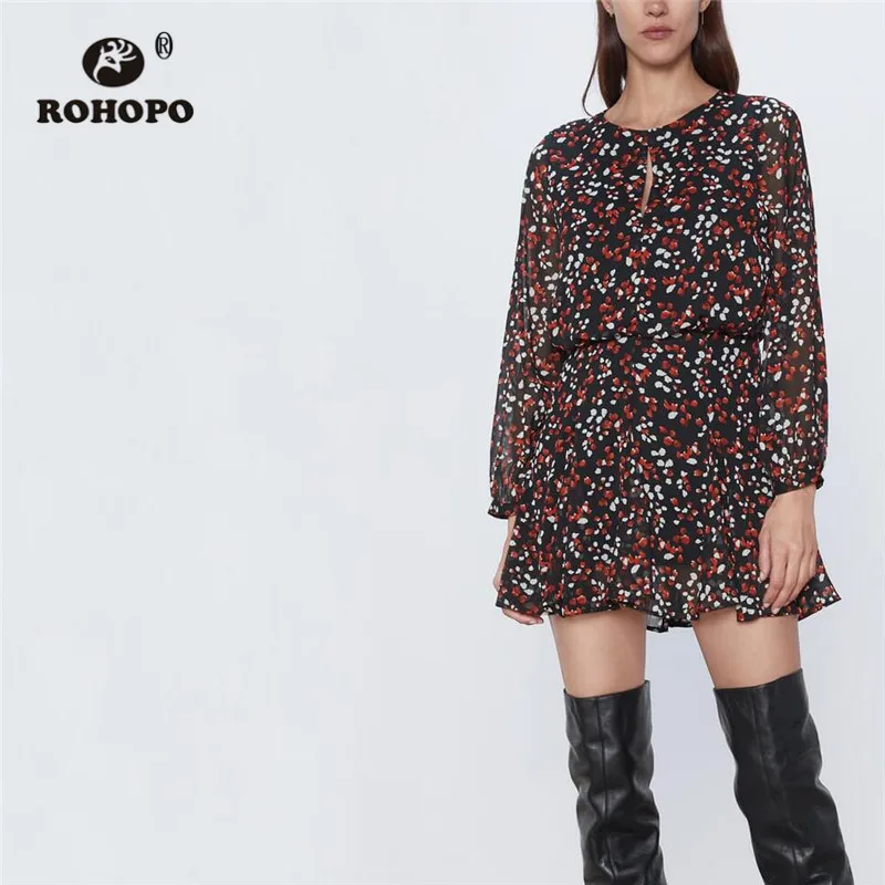 

ROHOPO Printed Mini Dress Long Sleeve Round Collar Back Buttons Closure Dresses Elastic Waist Ruffled Ladies Thin Vestido #9378