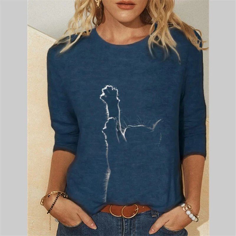 Jesień nowy zabawny nadruk kota odzież damska 2021 wokół szyi w stylu Casual, damska koszulka moda luźne ponadgabarytowych dziewczyna topy koszulki Femme 4 Jesień nowy zabawny nadruk kota odzież damska 2021 wokół szyi w stylu Casual, damska koszulka moda luźne ponadgabarytowych dziewczyna topy koszulki Femme 4