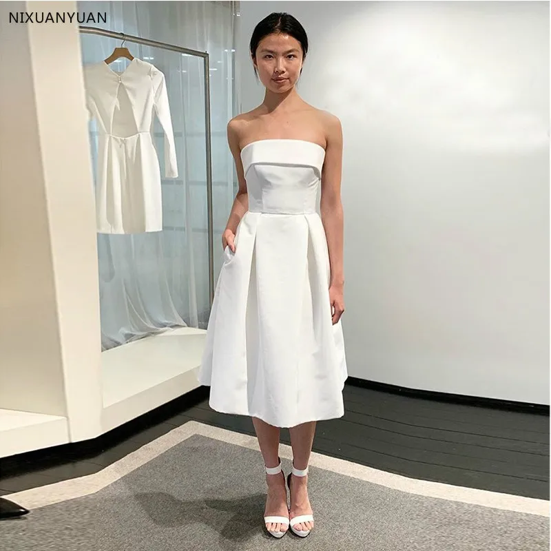 

New Arrival Short Summer Wedding Dresses with Pockets Top Quality Satin White Ivory Simple Tea Length Bridal Dress