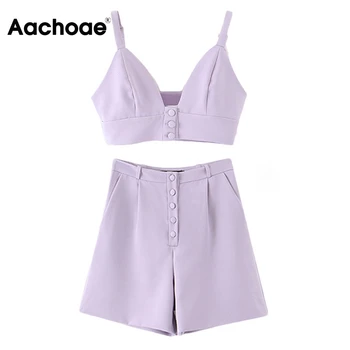 

Summer Casual Women Two Piece Set 2020 Solid Color Sexy Camisole Crop Top And Fashion Button Fly Shorts Female Purple 2 Piece