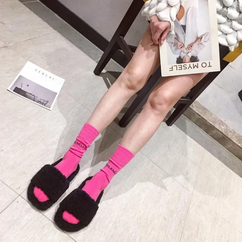 Women's Slippers Flock Slides Shoes Pokemon Plush New Fur Flat Fabric Autumn Basic Rubber Rome Bonded Leather Cotton