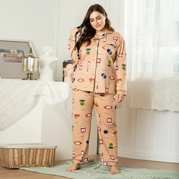 

GOGONI Plus Size Sleepwear For Women Long Pants And Long Sleeve 2 Pcs Outwear Sleepwear Pajama Sets 2020 New Arrivals Cotton