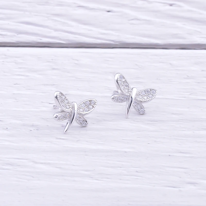 Pekurr 925 Sterling Silver CZ Zircon Butterfly Dragonfly Women Stud Earrings Fashion Jewelry For Girl Insect Style Ear Gifts