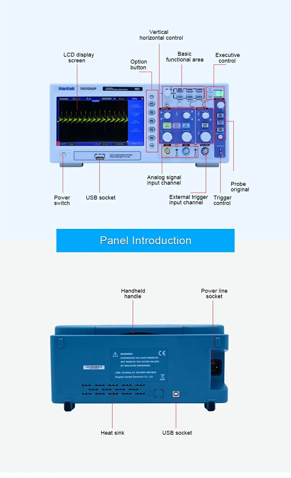 Hantek DSO5202P цифровой осциллограф 200 МГц 2 канала 1GSa/s " TFT ЖК-дисплей запись Длина 40 К USB AC110-220V рабочего стола osciloscope