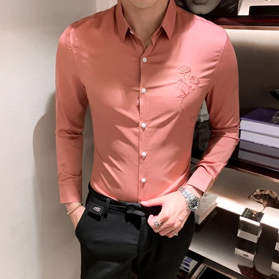 

2019 new solid color men's long-sleeved shirt night field trend youth hair stylist handsome embroidered men's clothing