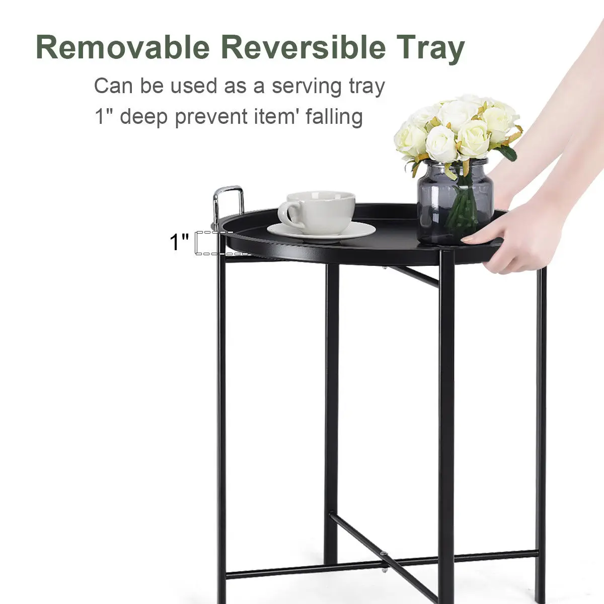  Costway Metal Tray Table Round End Table Sofa SideTable Living Room Bedroom Black - 4000099036414
