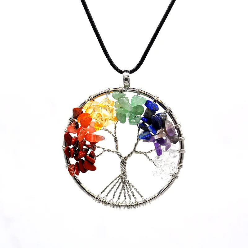 Natural Crystal Big Pendants Reiki Chakra Handmade Wire Wrapped Tree of Life Quartz Pendant for Necklace Healing Yoga jewelry - Окраска металла: 23Send Leather Chain