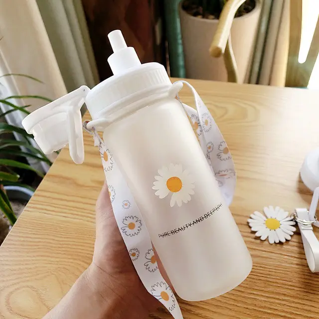 500ml Kawaii Small Daisies Milk Water Bottle With Straw Portable Leakproof Frosted Glass Fashion Cute Drinking Coffee Cup 4