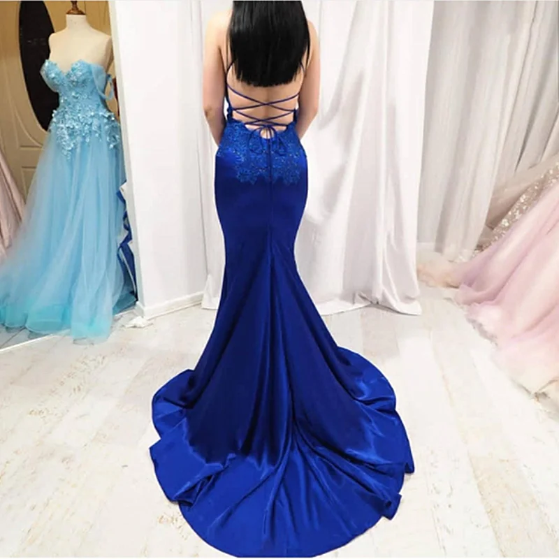 Элегантные королевские синие атласные вечерние платья на тонких бретельках с v