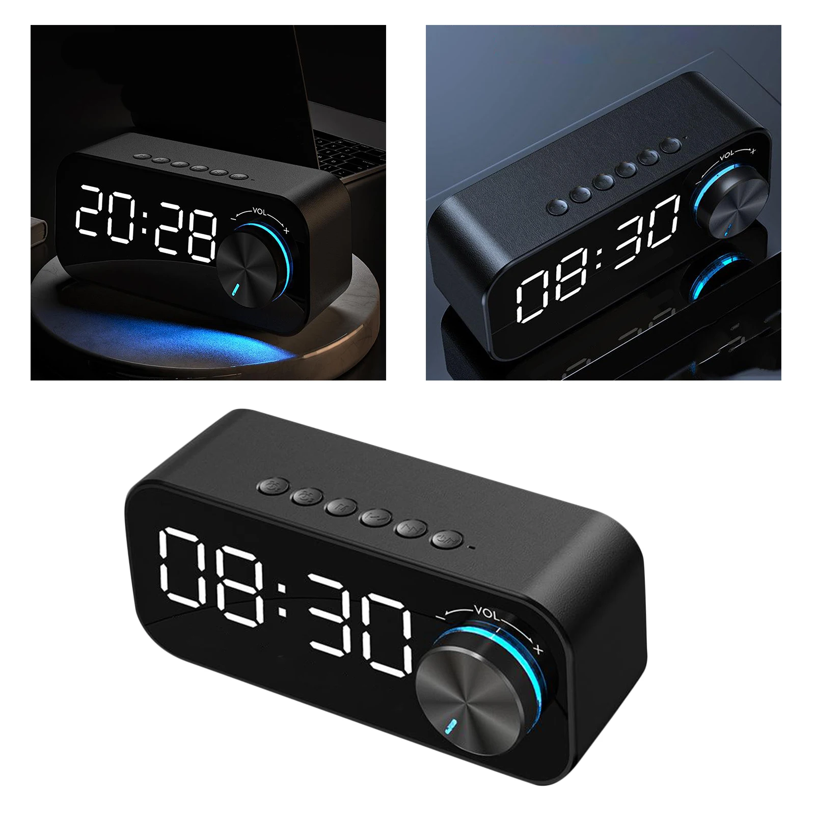 LED Alarm Clock with FM Radio Wireless Bluetooth Speaker Mirror Display Support Aux TF USB Music Player Wireless for Office Home