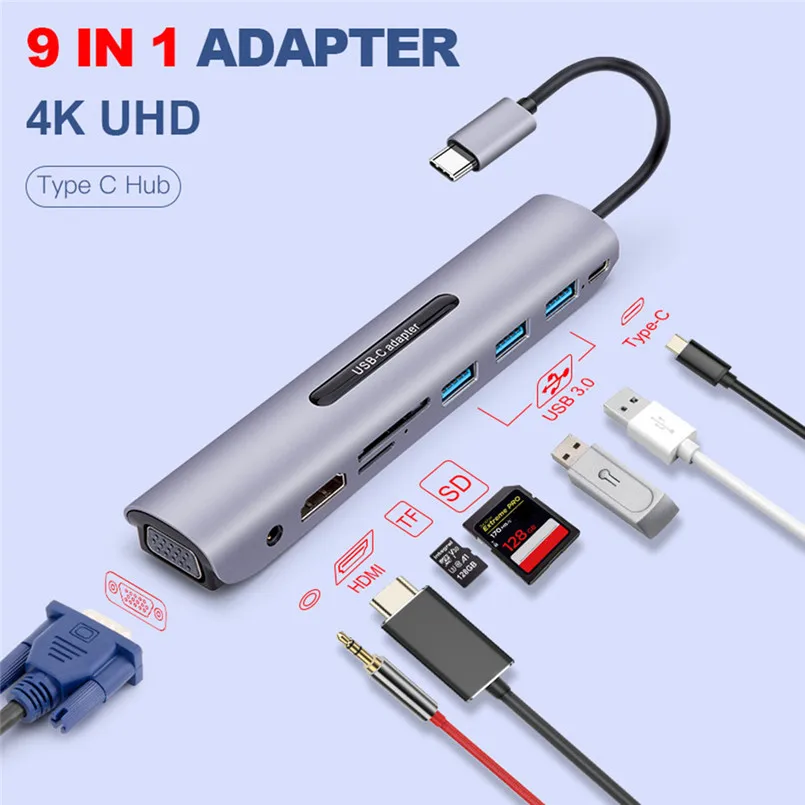 9в1 USB-C к USB3.0x3 концентратор TF SD слот HDMI VGA Аудио USB-C PD многопортовый адаптер 40NOV25