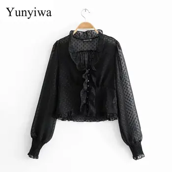 

Women Vintage Sexy V Neck Perspective Polka Dots Black Chiffon Blouse Shirt Women Casual Ruffles Blusas Brand Chic Tops