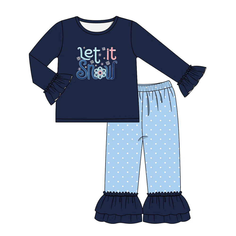 Autumn Girls Clothes Navy Blue Long Sleeve Top And Blue Trousers Let It Snow Embroidery Font Pattern Girl Outfits|Clothing Sets| - AliExpress