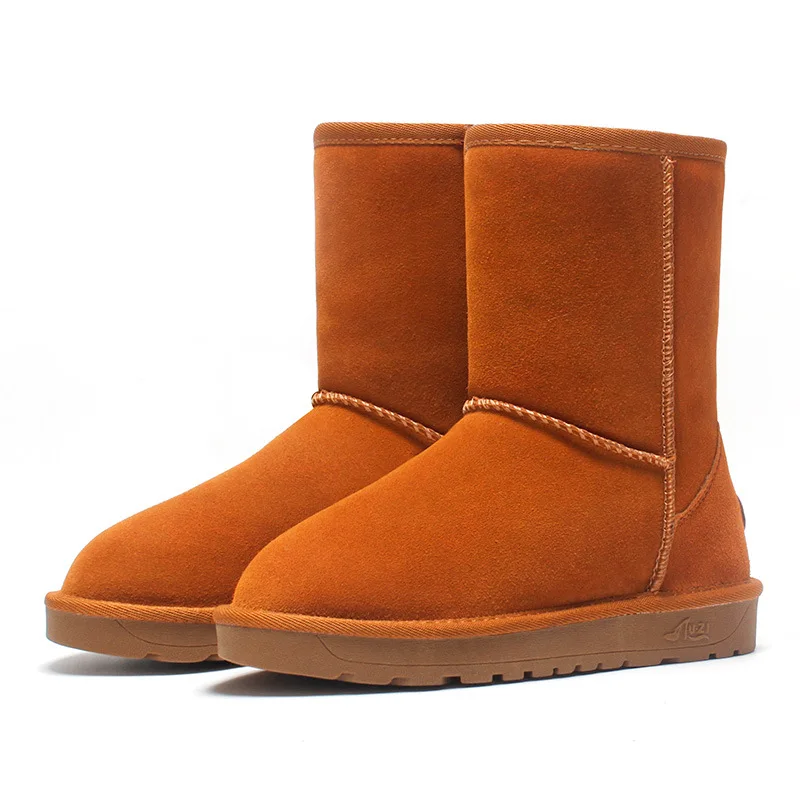 BEIGE Women snow boots new winter genuine leather mid calf boots warm plush boots non-slip women leather boots Woman Botas Mujer - Цвет: BEIGE