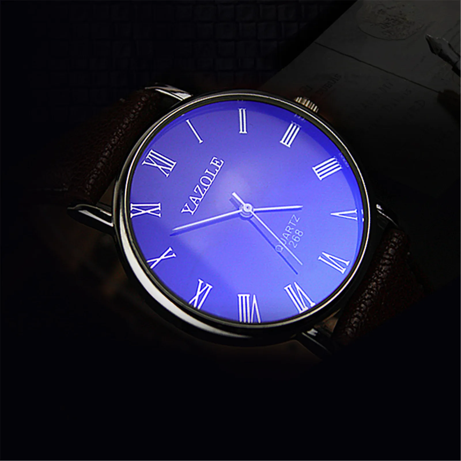 Mens Blu-ray Roman Numerals Quartz Analog Wrist Watch Black Band Black Dial Faux Leather Band Men Watches Digital Montre Homme