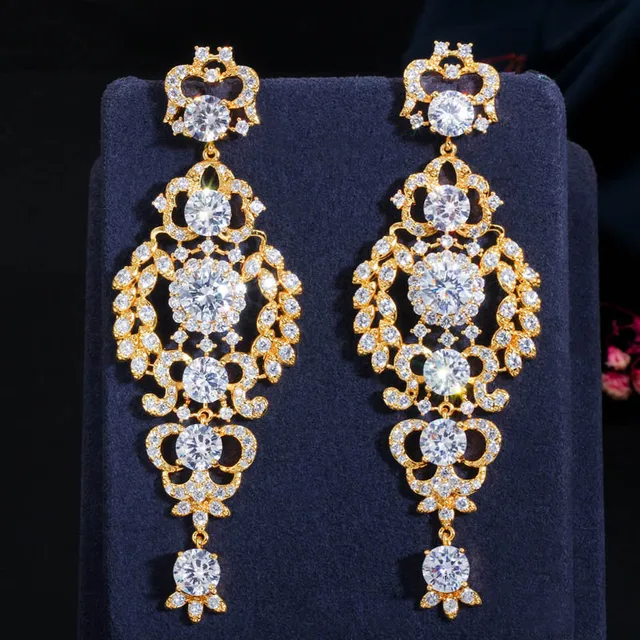 CWWZircons Luxury Cubic Zirconia Long Chandelier Drop Silver Wedding Earring for Women Bridal Party Costume Jewelry CZ651 yellow gold