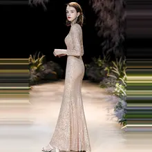 Вечернее платье с длинными рукавами, халат De Soiree K021, длинные платья размера плюс, женские вечерние платья, золотые Формальные платья с v-образным вырезом и блестками