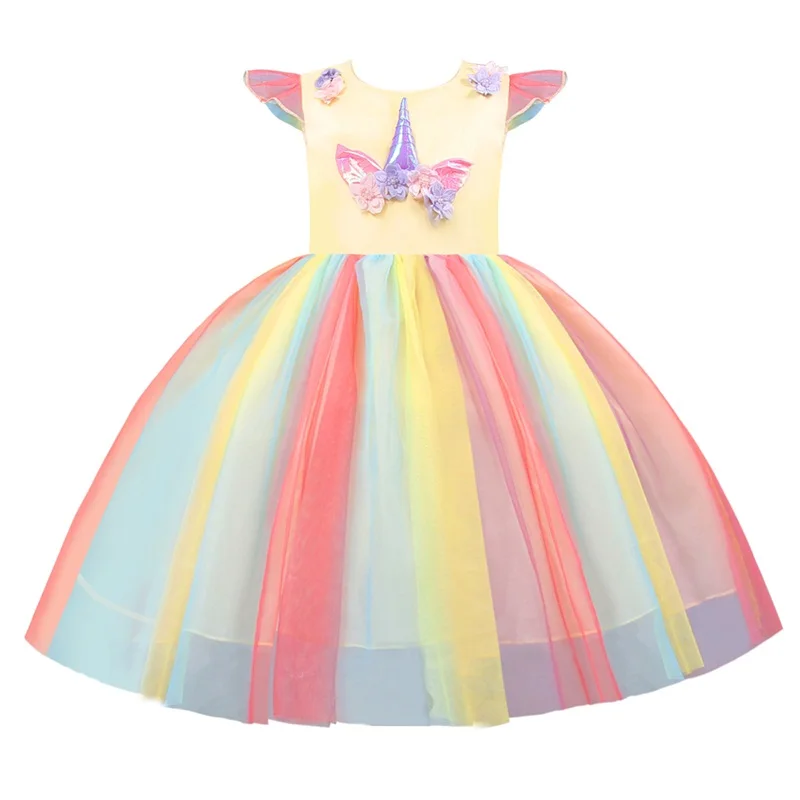 Платье для девочек вечерние платья с единорогом для девочек детское платье для девочек-подростков на день рождения, костюм с единорогом для детей 4, 8, 10 лет - Цвет: Yellow C