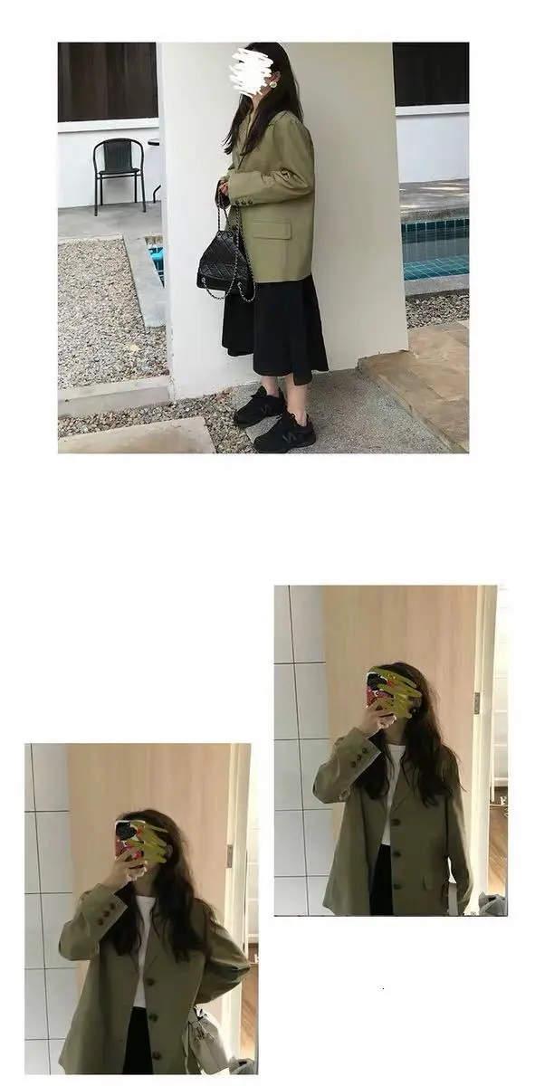 Весенний Зеленый Блейзер Женский винтажный однобортный свободный пиджак Корейский стиль женский элегантный Блейзер уличная одежда